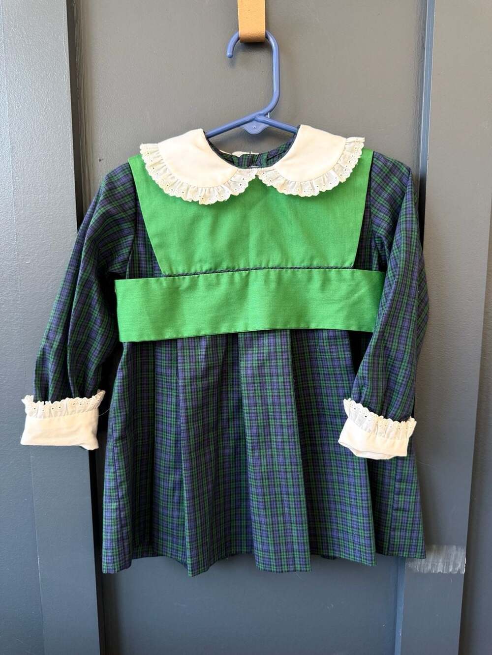 Caboodle Vintage Girl's Green Plaid Dress with White Lace Bib and Collar